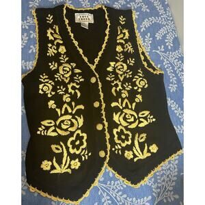 Vintage Cove Creek Black Gold Sweater Vest Floral Embroidered Button Down Medium